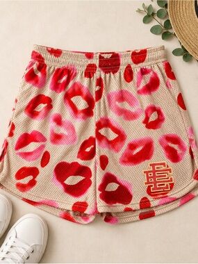 Eric Emanuel EE Lip Print Mesh Shorts Pink Red Beige Size M Made in New York